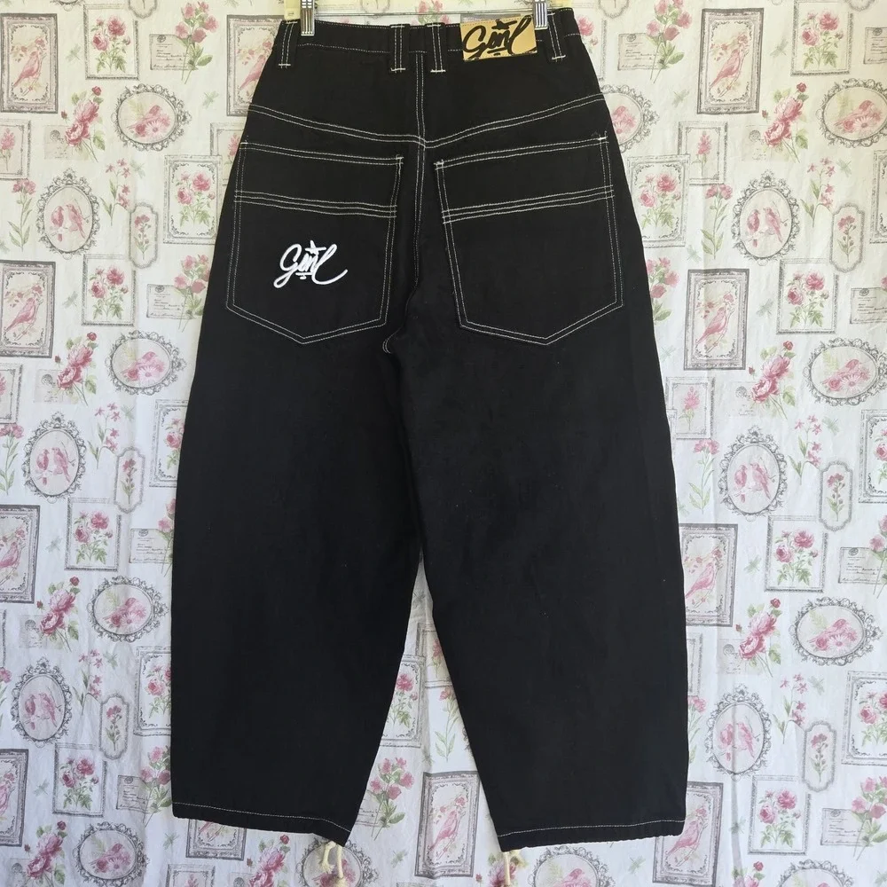 Y2K Black Baggy‎ Jeans Wide Leg Contrast Stitch Embroidered Gone Logo Size Small